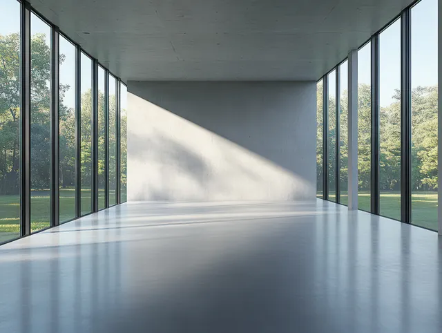 Empty minimalist concrete interior with floor-to-ceiling windows showing a green garden and strong sunlit shadows.