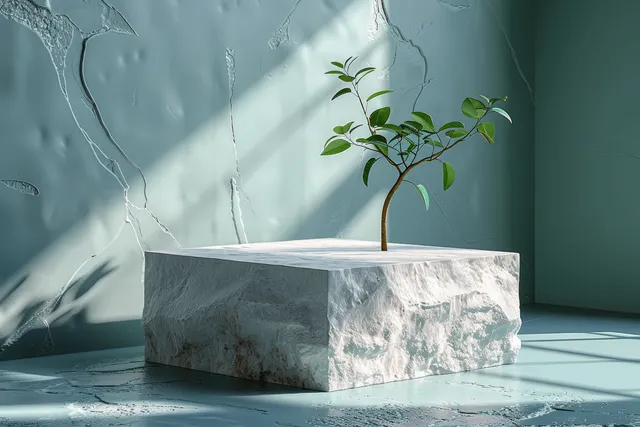 Marble-like cube planter with a small sprouting plant on teal interior floor