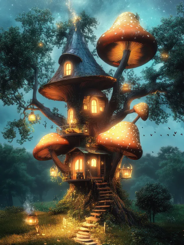 A glowing mushroom treehouse with lantern windows stands over a forest path beneath a starry night sky.