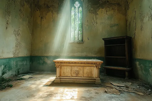 Sunlight passes through a narrow window onto an ornate stone altar in an abandoned, peeling-plaster room.