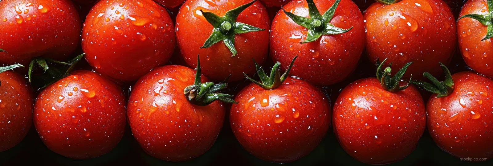 Close-up of ripe red tomatoes with water droplets and green stems on a wet harvest surface.