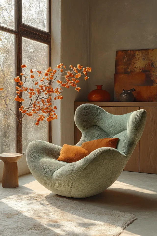 Green Scandinavian armchair with orange cushions sits in a sunlit living room near a window, lamp, and flower vase.