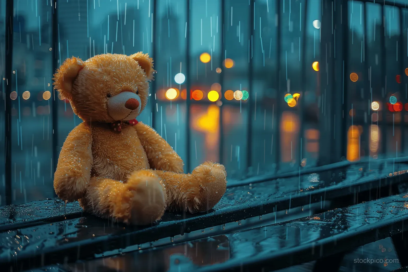 A teddy bear sits on a wet bench in rainy night streets with glowing city lights behind it.