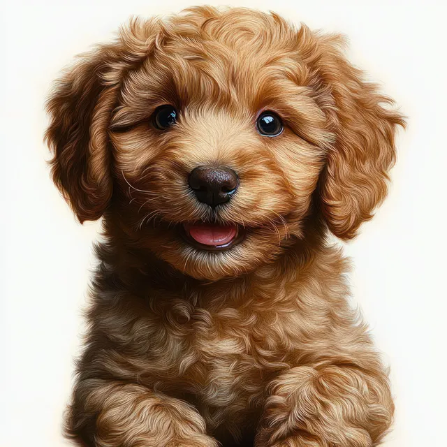 Fluffy small curly dog with brown and cream fur sitting on a white background, looking up.