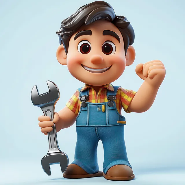 Smiling animated handyman character in blue overalls holds a large wrench and pumps his fist.