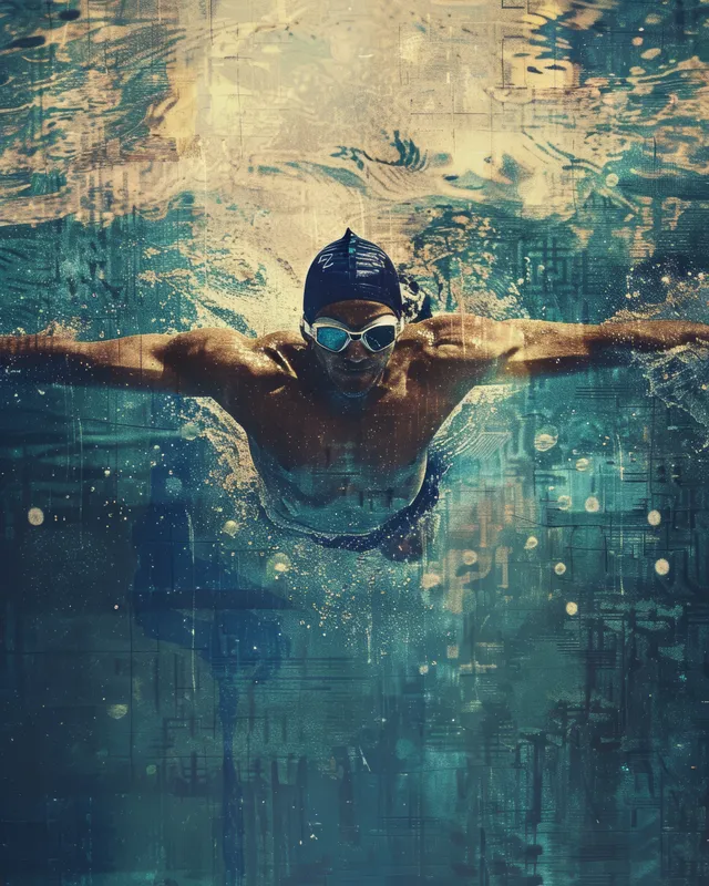 Male swimmer in backstroke pose underwater in a pool with shimmering lights and stylized colors behind him.