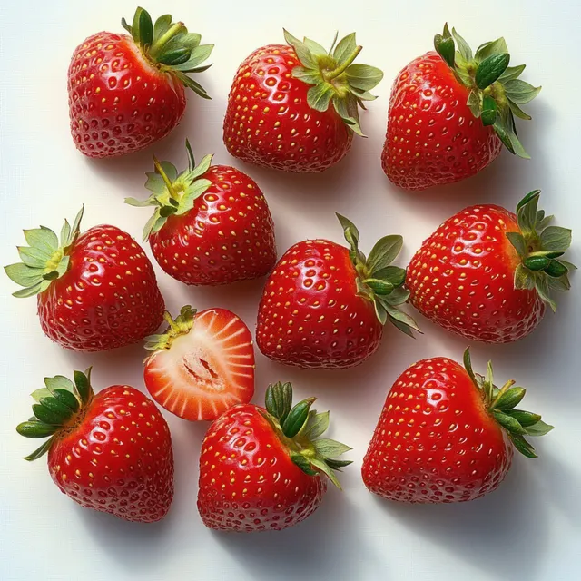 Ripe strawberries on a white surface, one halved to reveal juicy red interior seeds