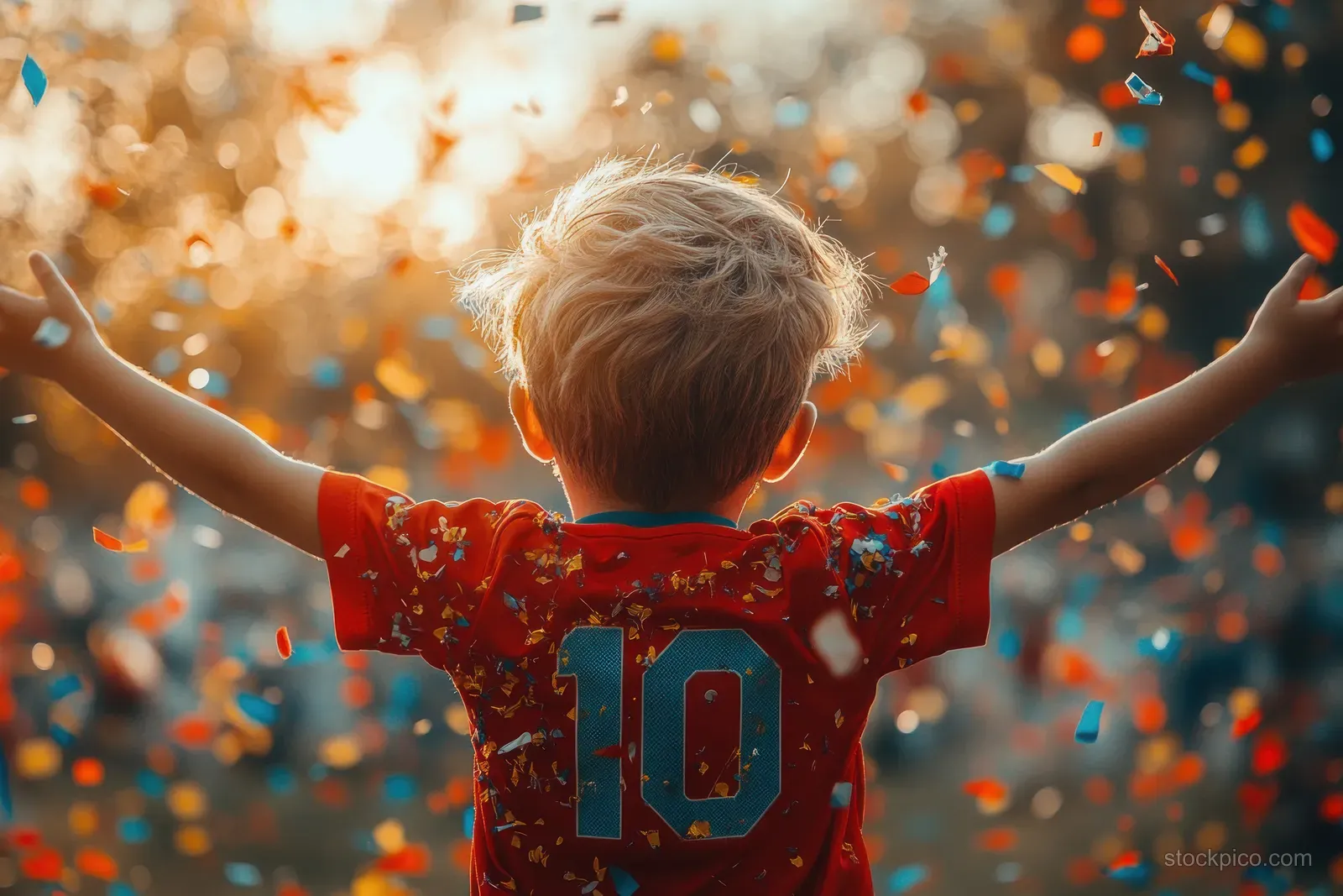 A child in a red sports jersey celebrates with arms raised while confetti falls behind them.