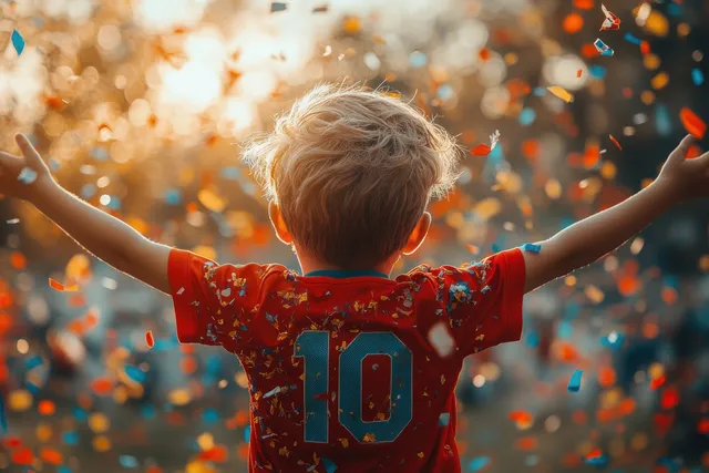 Child celebrating victory with arms raised in red sports jersey amid falling confetti
