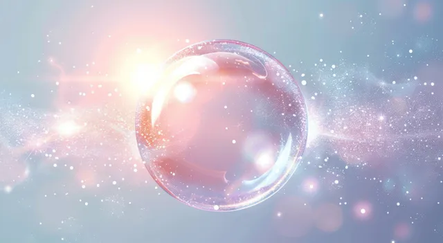 Glowing soap bubble floating over sparkling blue gradient background with radiant light streaks