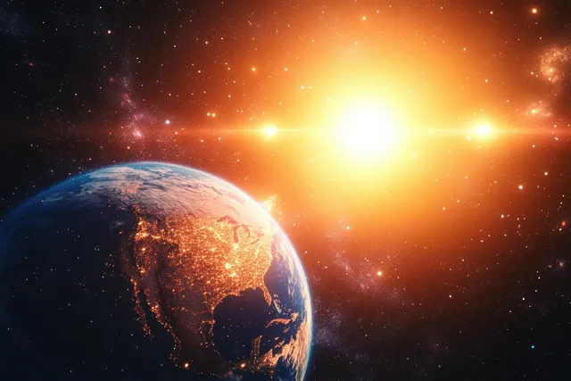 Sun rays blaze over Earth’s night side, glowing city lights across North America
