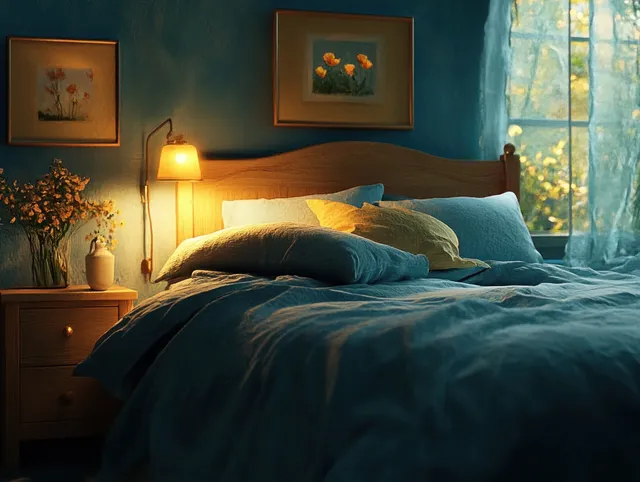 Cozy bedroom scene with a wooden bed, blue bedding, warm lamp glow, and sheer curtains revealing green plants outside.
