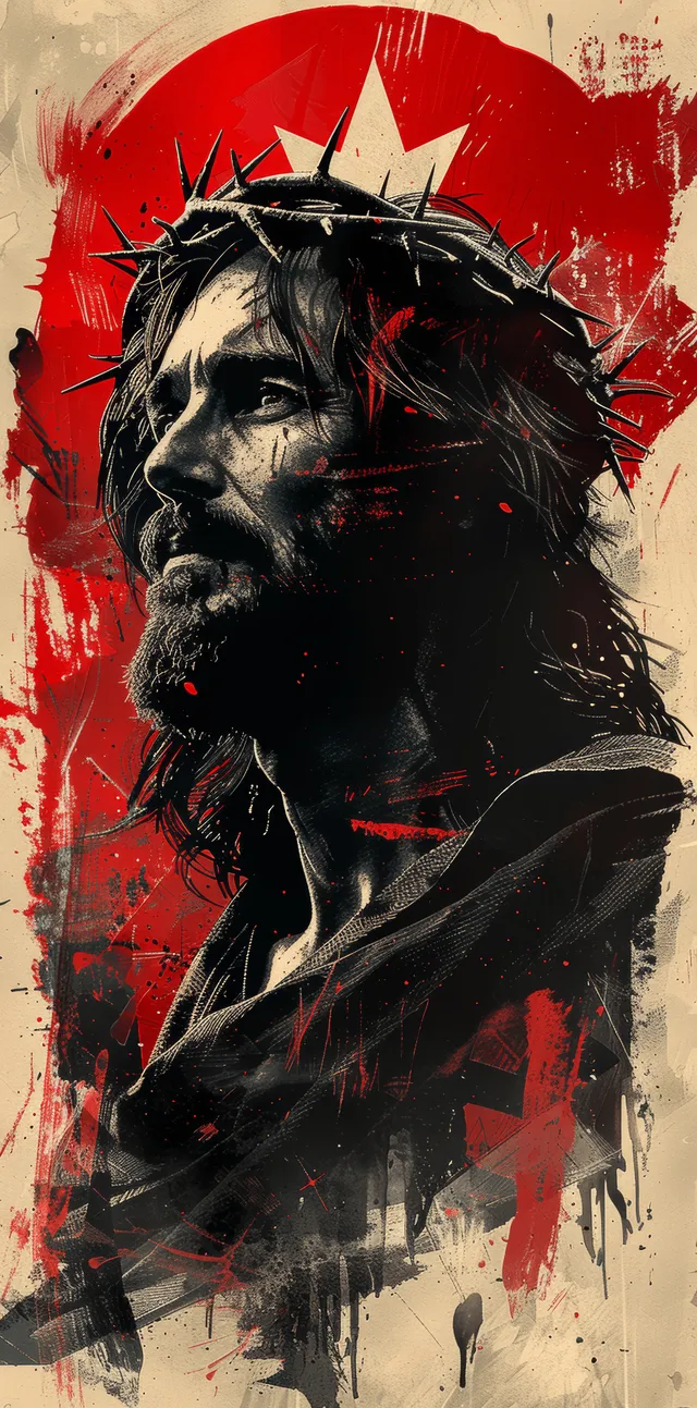 Stylized portrait of Jesus Christ with a crown of thorns and red brushstrokes.