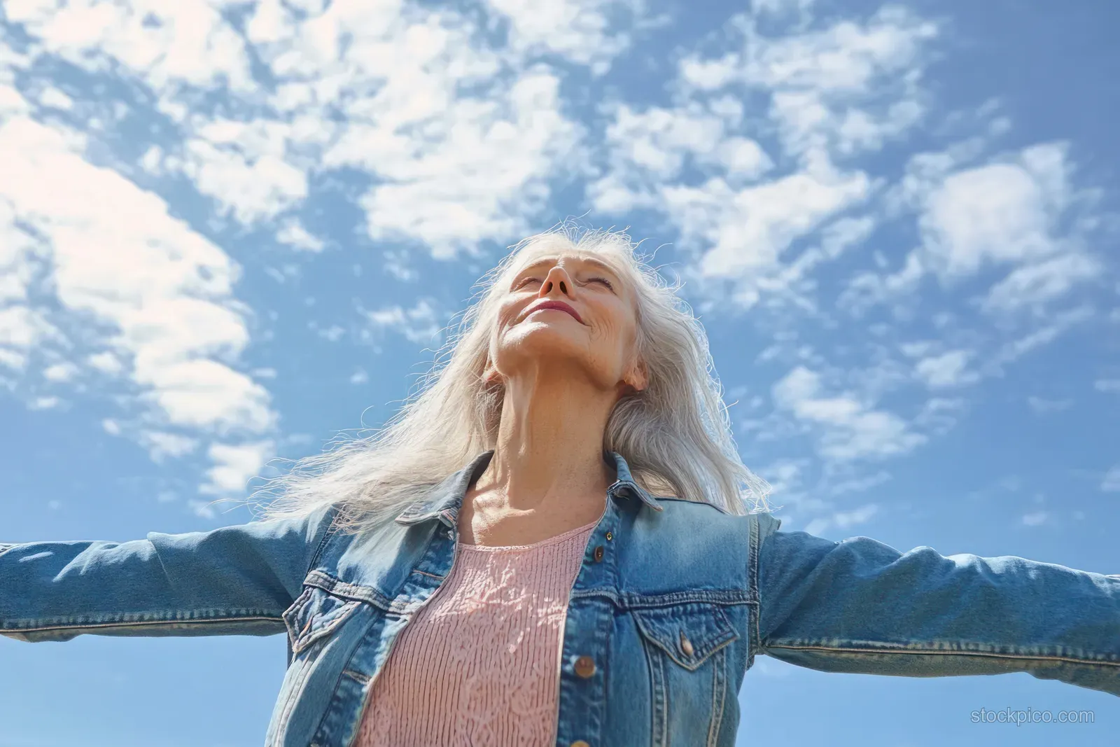 Smiling elderly woman with long gray hair opens her arms outdoors under a blue sky with scattered clouds.