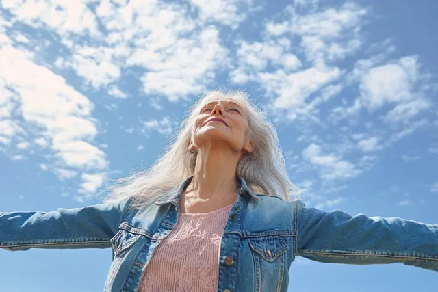 Smiling elderly woman with long gray hair opening arms outdoors under blue sky and white clouds