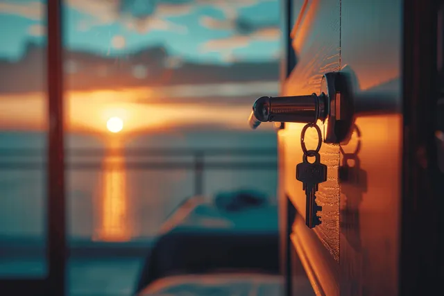 A hanging hotel key on a door with an open doorway revealing a sunset sea view.