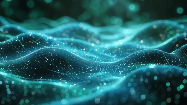 Futuristic green and blue digital wave background with glowing particles and network lines