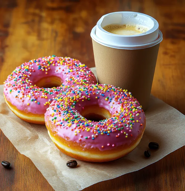 Two pink sprinkled donuts rest on paper near a lidded coffee cup on a wooden table with coffee beans.