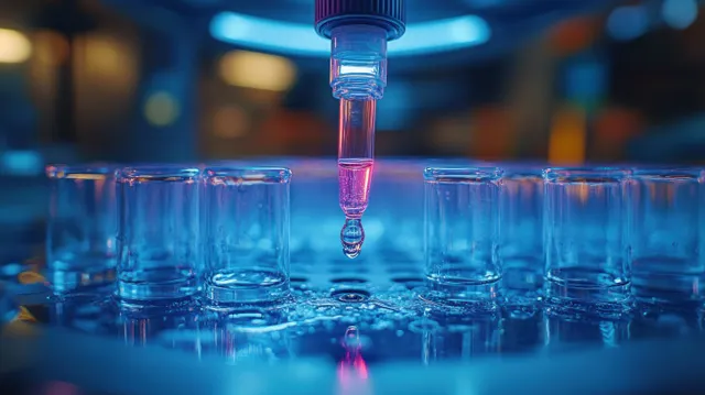 A pipette dispenses a red droplet into test tubes arranged in a laboratory rack under blue lighting.