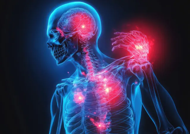Neon blue and red X-ray style human figure highlights glowing joints and spine pain points.