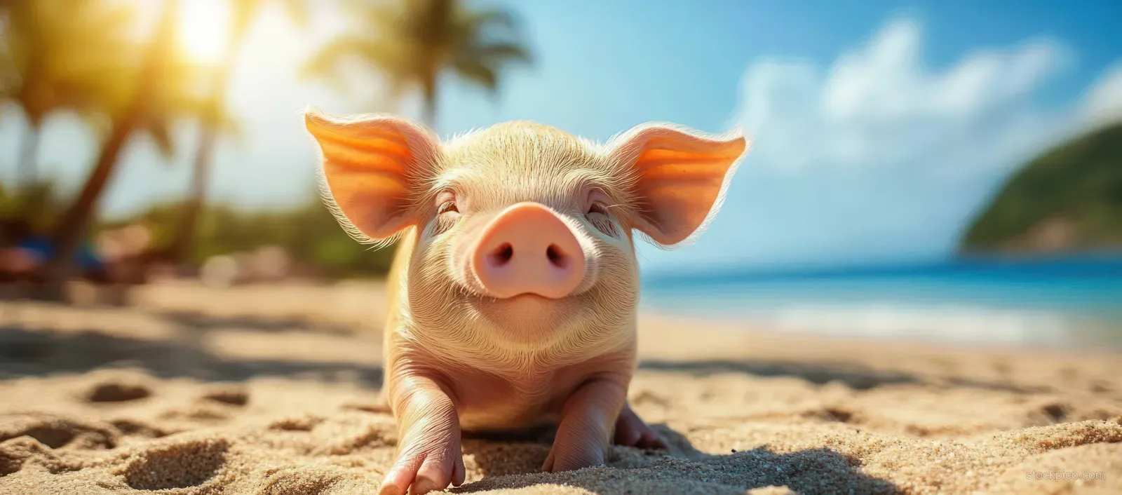 A piglet wearing yellow sunglasses lounges on a sunny sandy beach with palm trees and the ocean behind it.