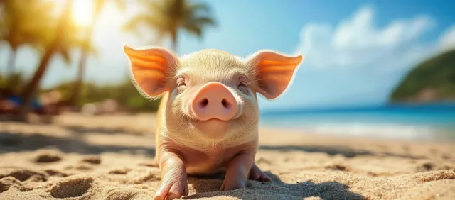 A piglet wearing yellow sunglasses lounges on a sunny sandy beach with palm trees and the ocean behind it.