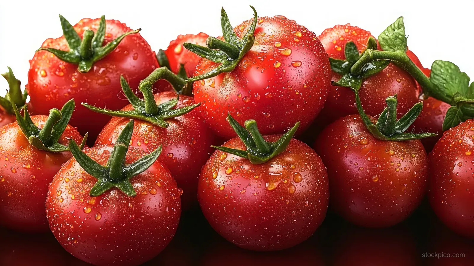 Ripe red tomatoes with green stems covered in glistening water droplets in a close-up view.