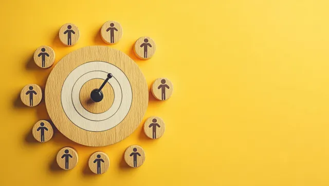 Human icon figures surround a wooden target dial on a bright yellow background, implying customer targeting and communication.