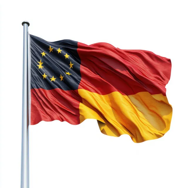 German flag with emblem waving on silver pole against clean white background