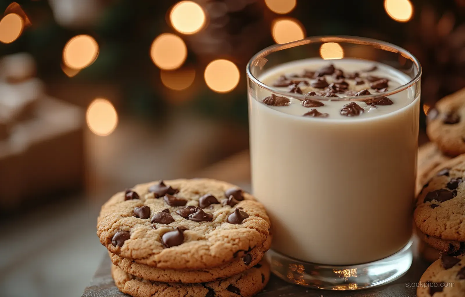 Chocolate chip cookies and a glass of milk on a Christmas Eve table with warm glowing bokeh lights.