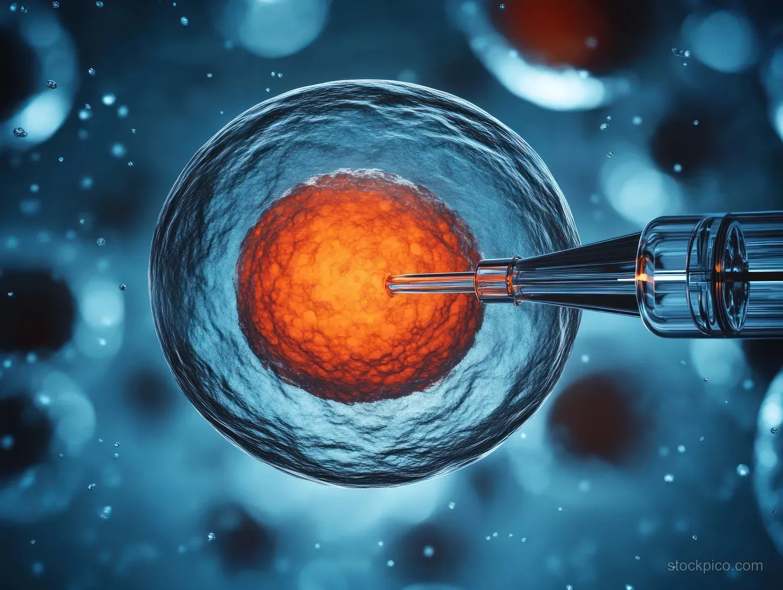 Microinjection needle pierces an orange cell while translucent blue membranes surround it in a microscopic view.