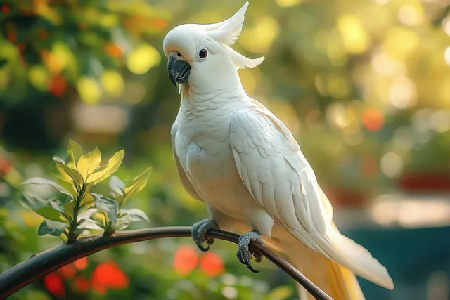 White cockatoo perched on a branch, yellow beak framed by vibrant green leaves