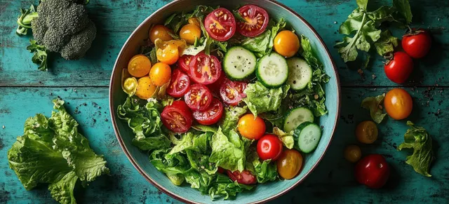 Garden salad in rustic bowl with red and yellow cherry tomatoes and cucumber slices