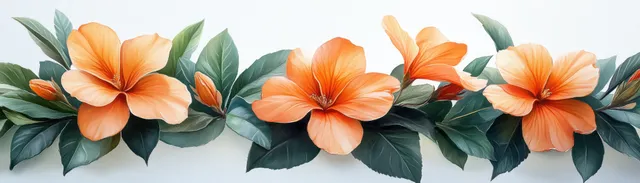 Orange hibiscus blossoms with glossy green leaves arranged in a decorative horizontal border.