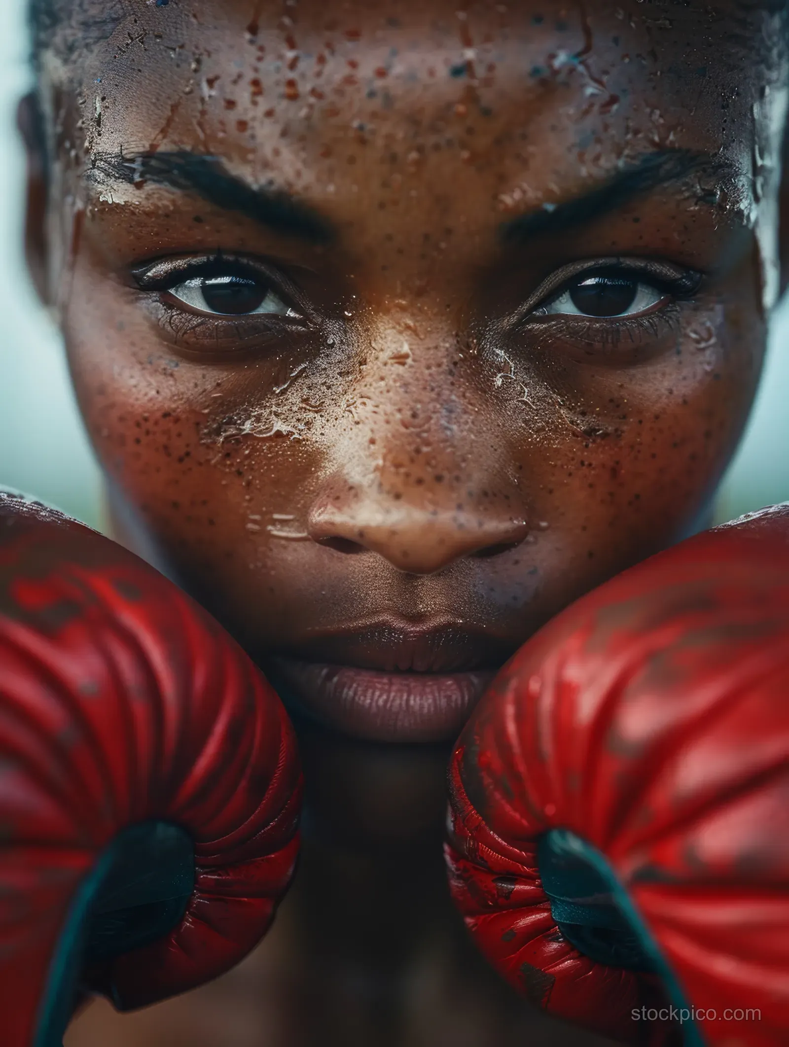 A determined Great Britain female flyweight boxer faces the camera with red gloves raised in a dim boxing ring, sweat on her face.