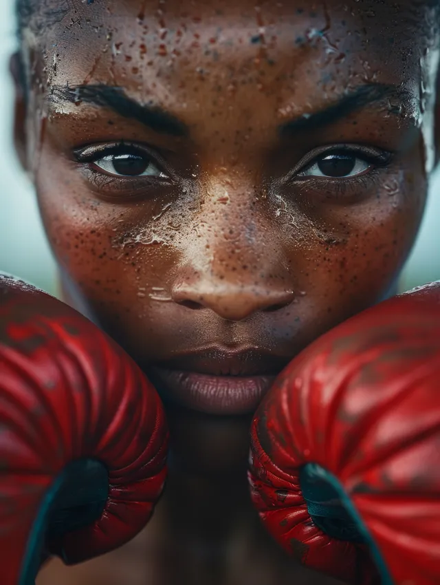A determined Great Britain female flyweight boxer faces the camera with red gloves raised in a dim boxing ring, sweat on her face.