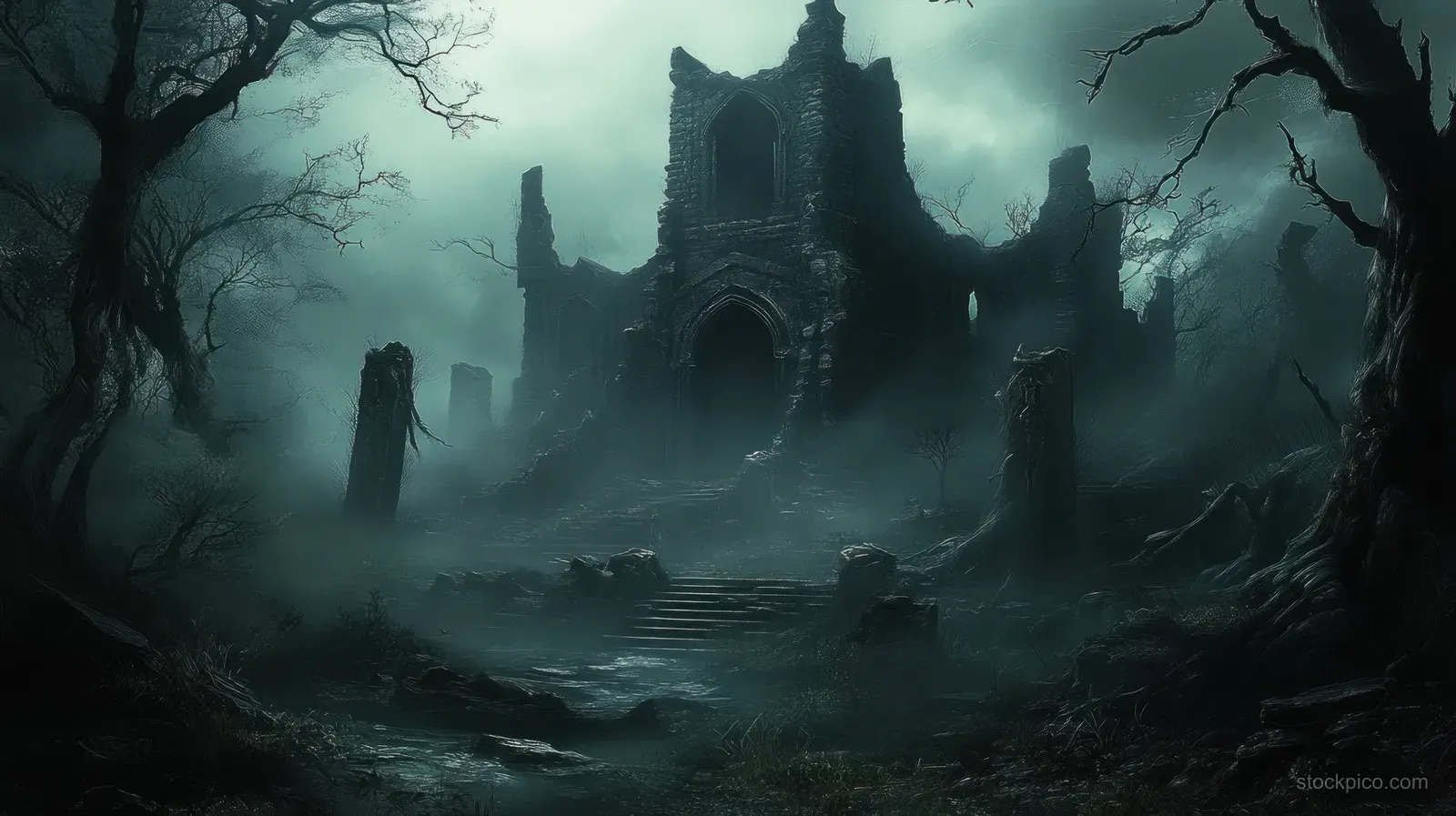 Misty dark landscape with a ruined gothic temple, twisted trees, and dramatic shadows.