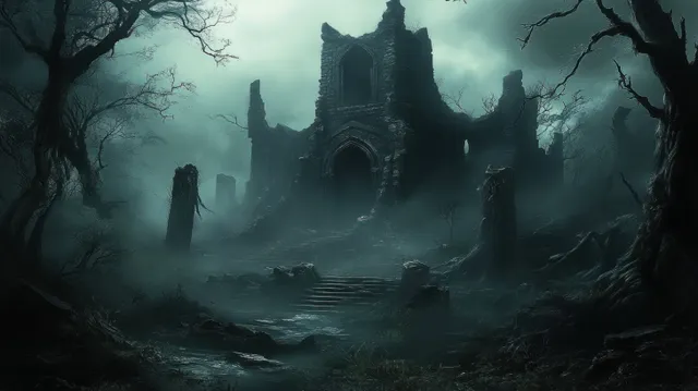 Misty dark landscape with a ruined gothic temple, twisted trees, and dramatic shadows.