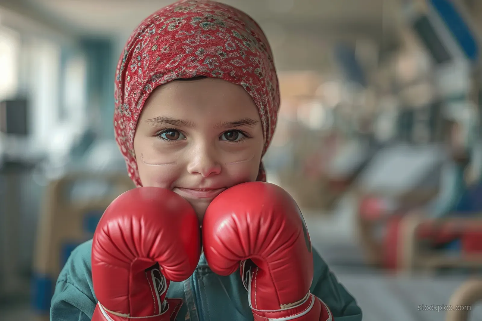 A child in a hospital room wears red boxing gloves and a patterned headscarf, sitting with a determined pose.