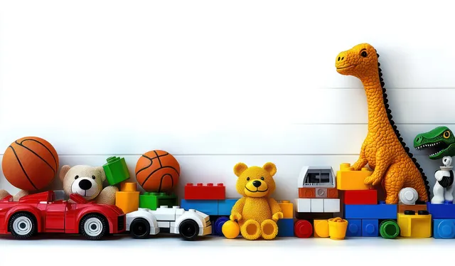 Colorful children’s toys arranged on white background with dinosaur and teddy bear figurines