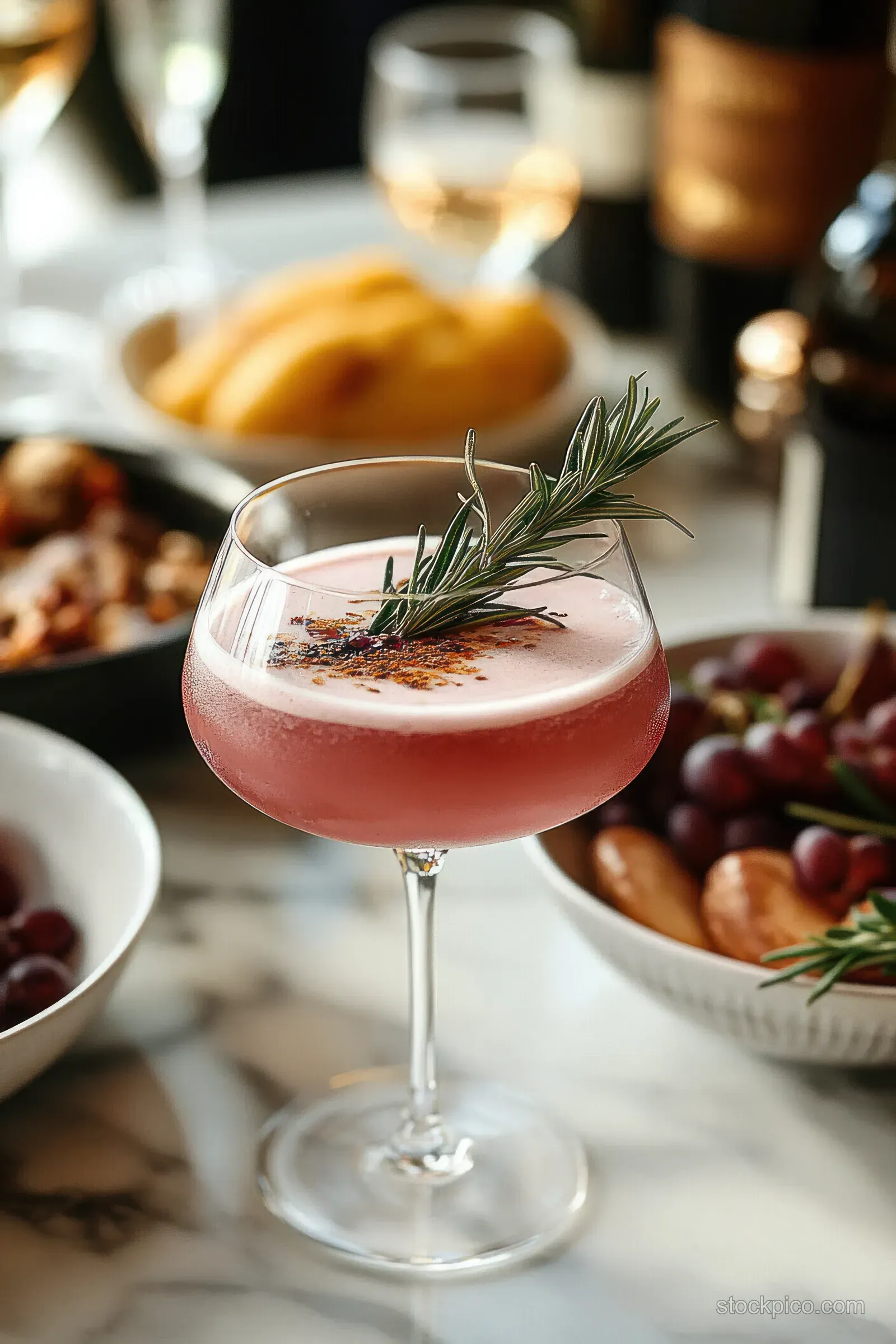 A pink cocktail with a rosemary sprig sits on a marble table beside bowls of grapes, nuts, and crackers.