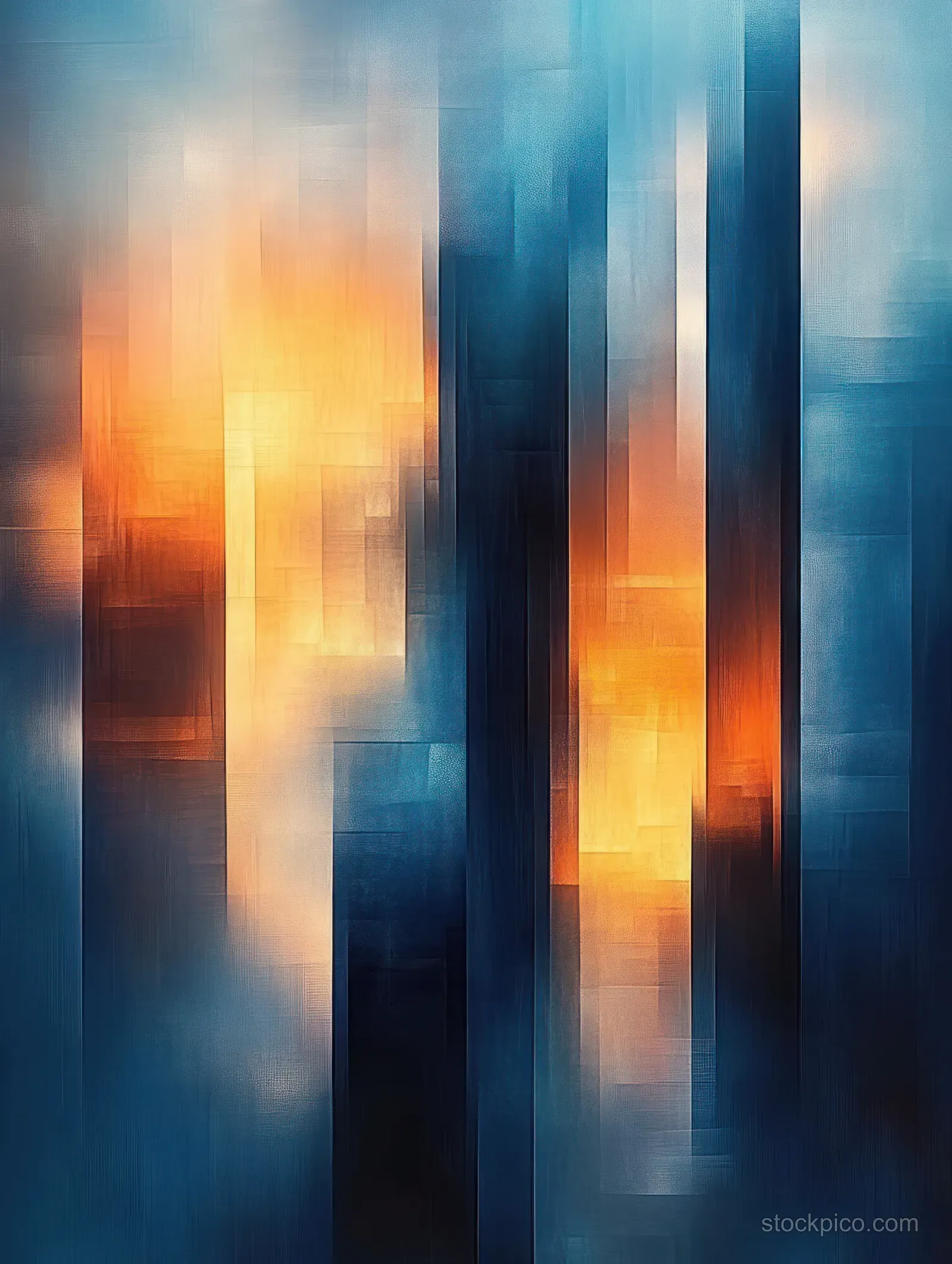 Blurred vertical blue and orange light panels with glowing streaks and soft reflections fill the background.
