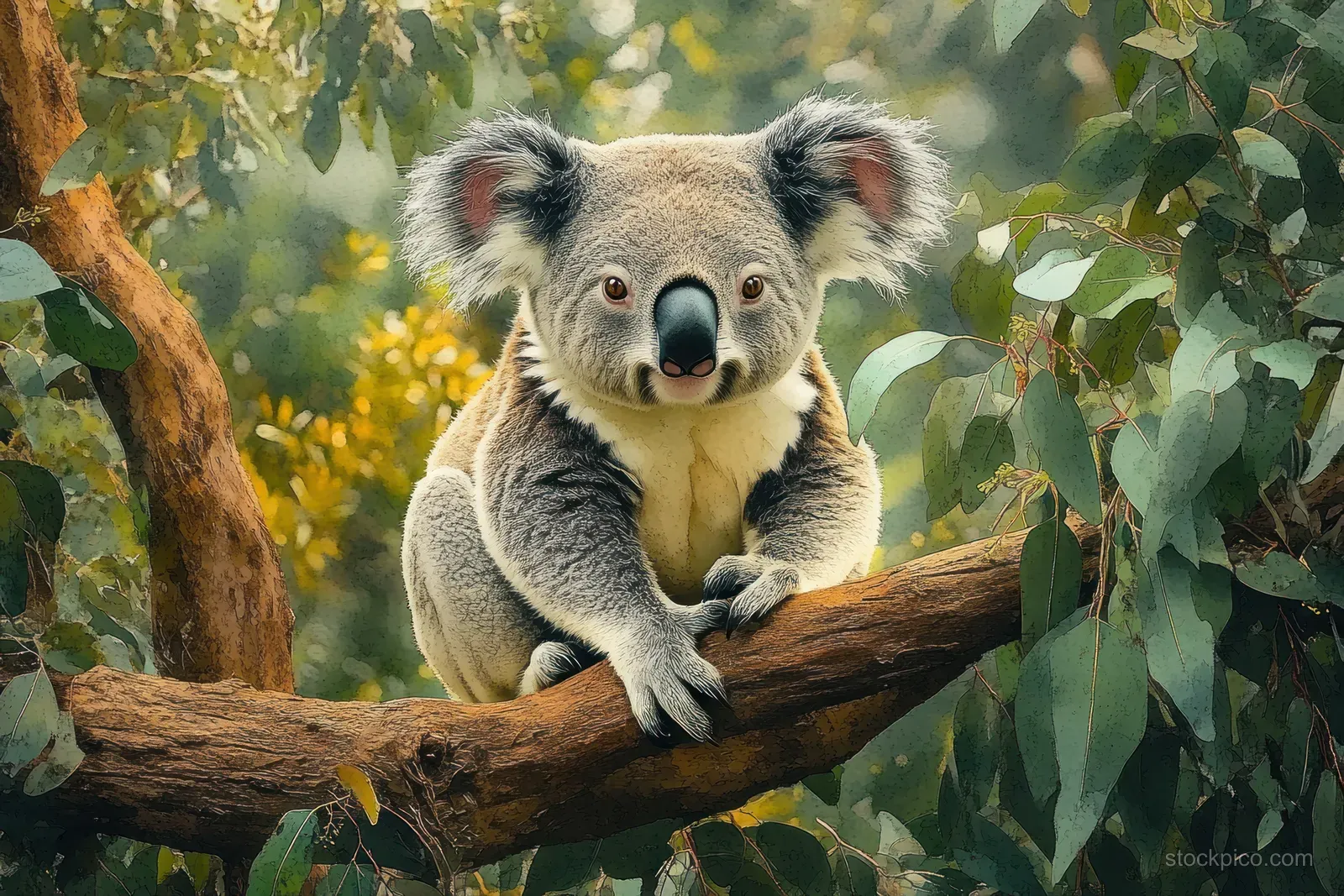 A koala perched on an eucalyptus branch, holding leaves with sunlit greenery behind it.