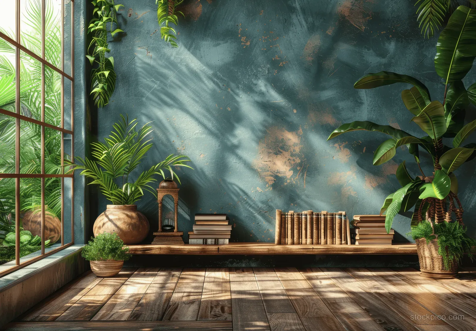 Boho interior with wooden floor, books, potted plants, and palm leaf wall lit by a sunlit window.