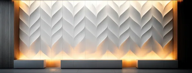 White zigzag geometric wall panels with warm light strips and soft shadows across the folds.