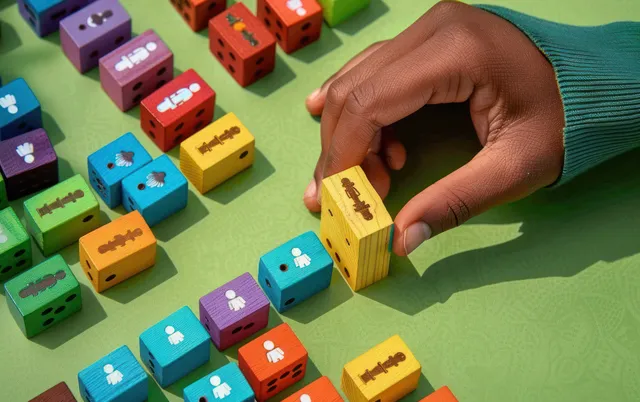 A hand places a yellow wooden block with a printed figure among colorful symbol blocks on a green tabletop.