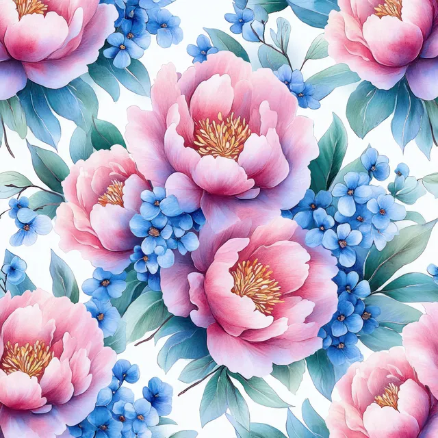 Watercolor peonies and blue blossoms forming a soft spring floral pattern with leaves