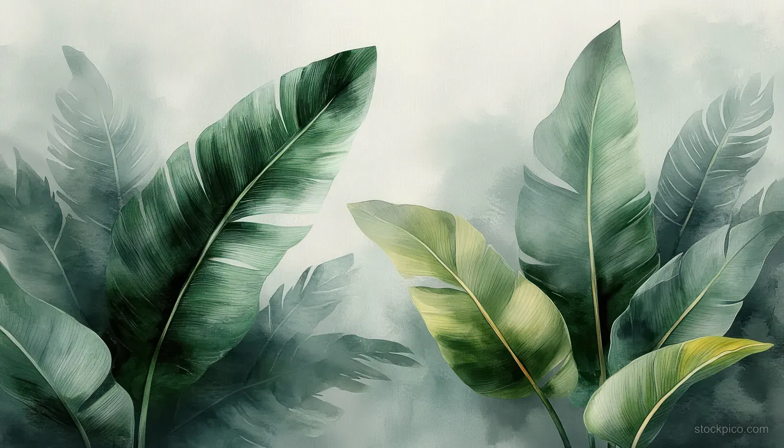 Watercolor tropical leaves in layered green tones float over a misty gray background.