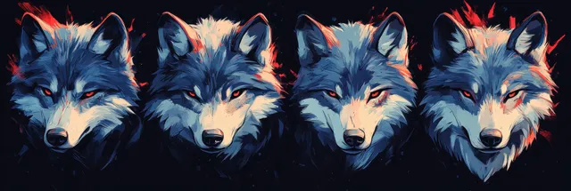 Four fierce wolf heads with glowing red eyes, blue fur, fiery highlights in darkness
