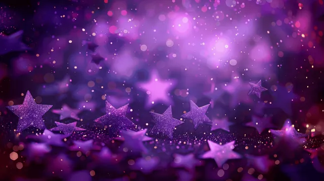 Purple star confetti twinkling in a dark nebula bokeh glow background for celebrations